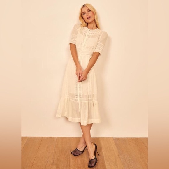 Reformation Oxford Sheer Lace Short Sleeve Button Front Maxi Dress in White - Picture 2 of 15